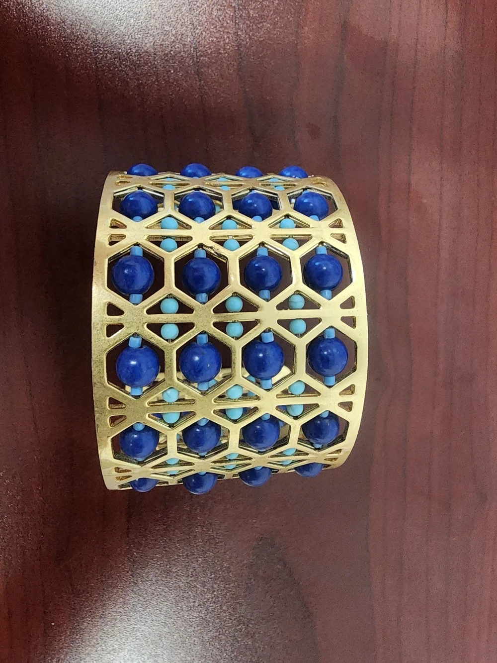 Stella & Dot Abacus Gold-Tone Lattice Cuff with Royal Blue and Light Blue Beads